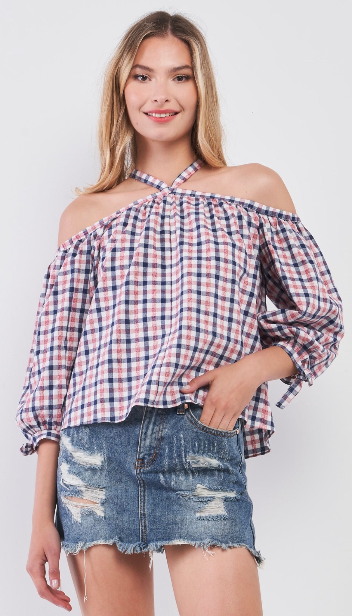 BALLON TOP - CAMISA CON DISEÑO DE CUADRO, AMARRE EN EL CUELLO, MANGAS 3/4