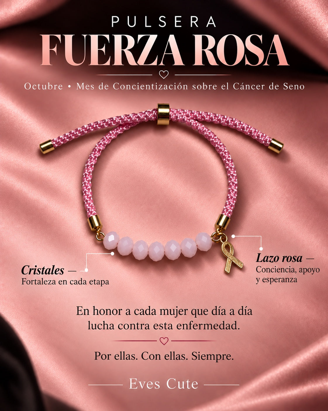 Pulsera rosa ajustable con cristales y charm de lazo, inspirada en la lucha contra el cáncer de seno