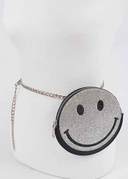 HAPPY FACE PURSE - CARTERA ESTILO CORREA CON DISEÑDE CARA FELIZ EN RHINESTONES
