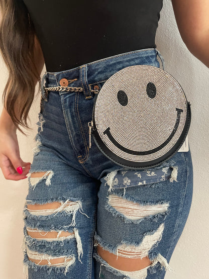 HAPPY FACE PURSE - CARTERA ESTILO CORREA CON DISEÑDE CARA FELIZ EN RHINESTONES