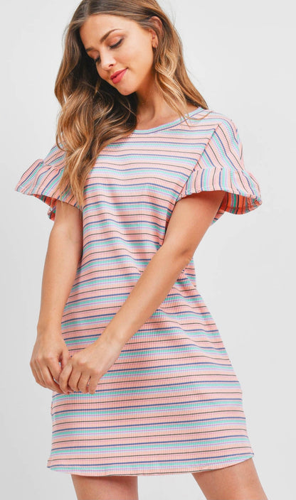 BLUSH DRESS - TRAJE CORTO DE RAYAS CON MANGA CON VOLANTE