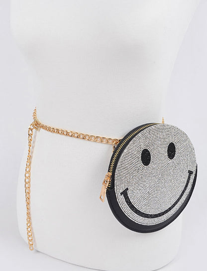 HAPPY FACE PURSE - CARTERA ESTILO CORREA CON DISEÑDE CARA FELIZ EN RHINESTONES
