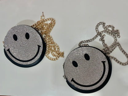 HAPPY FACE PURSE - CARTERA ESTILO CORREA CON DISEÑDE CARA FELIZ EN RHINESTONES
